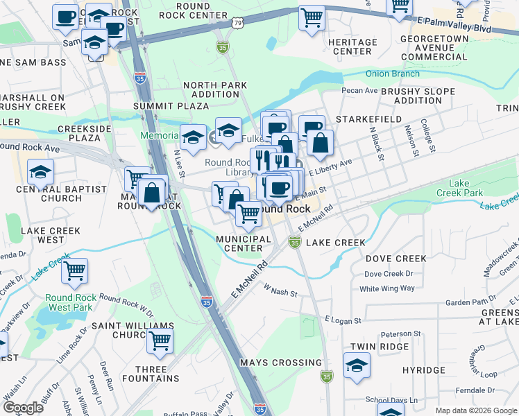 map of restaurants, bars, coffee shops, grocery stores, and more near 108 South Blair Street in Round Rock