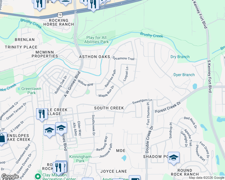 map of restaurants, bars, coffee shops, grocery stores, and more near 523 Maple Run Drive in Round Rock