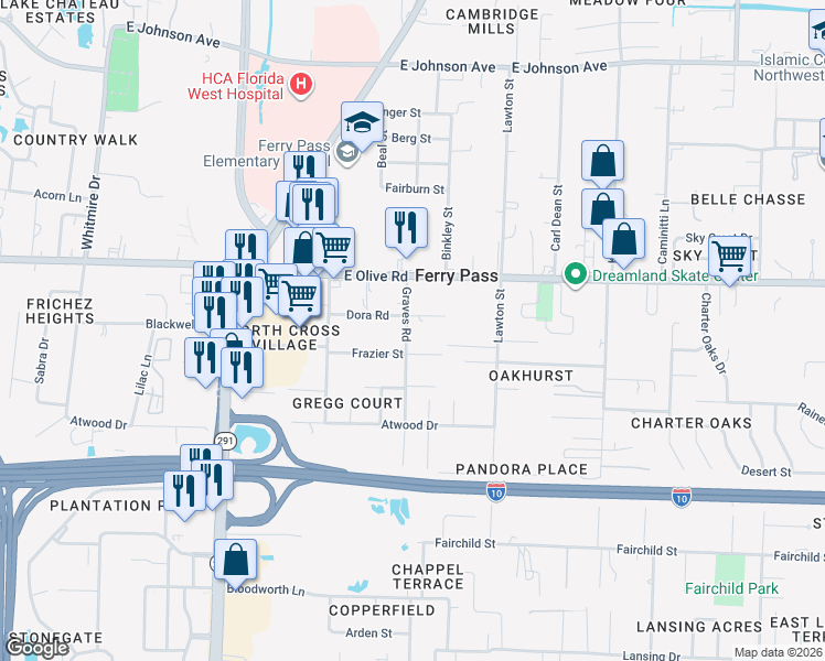 map of restaurants, bars, coffee shops, grocery stores, and more near 7985 Graves Road in Pensacola