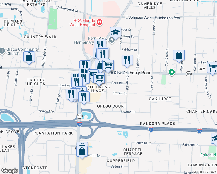 map of restaurants, bars, coffee shops, grocery stores, and more near 7912 Gregg Road in Pensacola