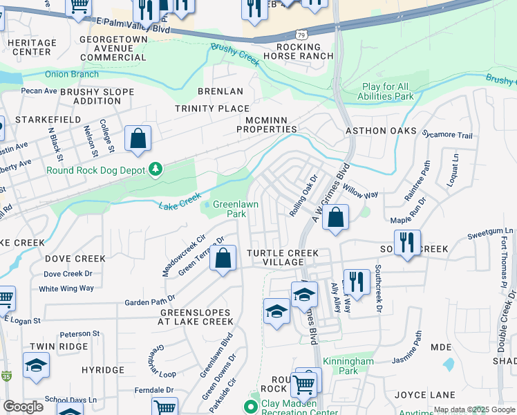 map of restaurants, bars, coffee shops, grocery stores, and more near 736 Gabriel Mills Drive in Round Rock