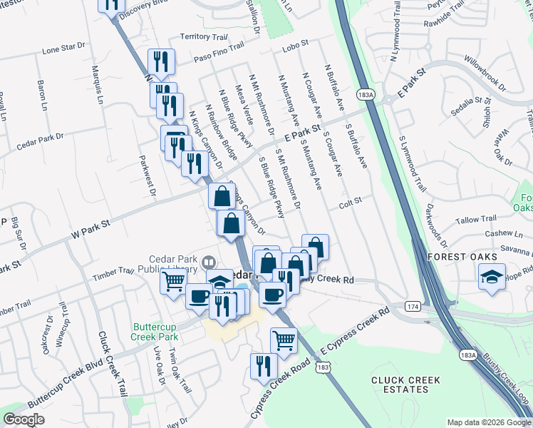 map of restaurants, bars, coffee shops, grocery stores, and more near 205 Capulin Mountain in Cedar Park