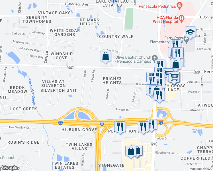 map of restaurants, bars, coffee shops, grocery stores, and more near 7905 Sabra Drive in Pensacola