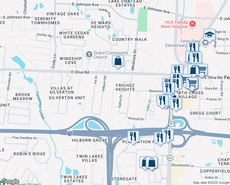 map of restaurants, bars, coffee shops, grocery stores, and more near 7905 Sabra Drive in Pensacola