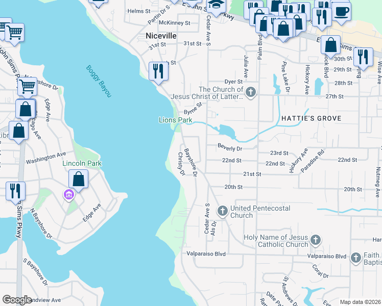 map of restaurants, bars, coffee shops, grocery stores, and more near 1008 Bayshore Drive in Niceville