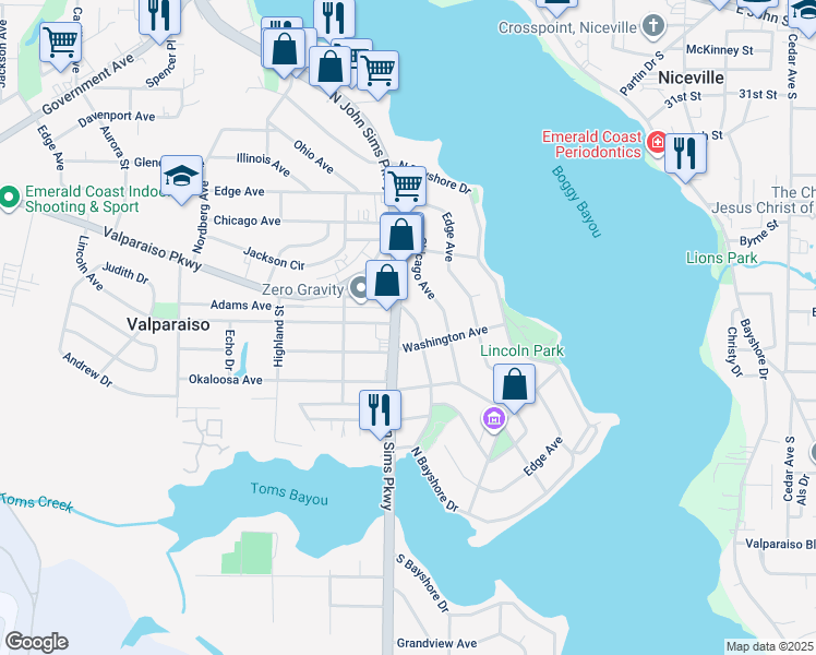 map of restaurants, bars, coffee shops, grocery stores, and more near 215 Seminole Avenue in Valparaiso