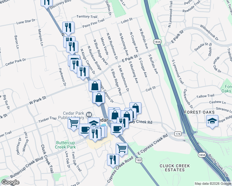map of restaurants, bars, coffee shops, grocery stores, and more near 205 Capulin Mountain in Cedar Park