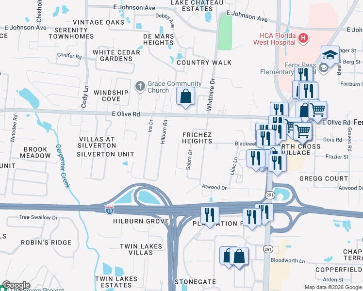 map of restaurants, bars, coffee shops, grocery stores, and more near 7905 Sabra Drive in Pensacola