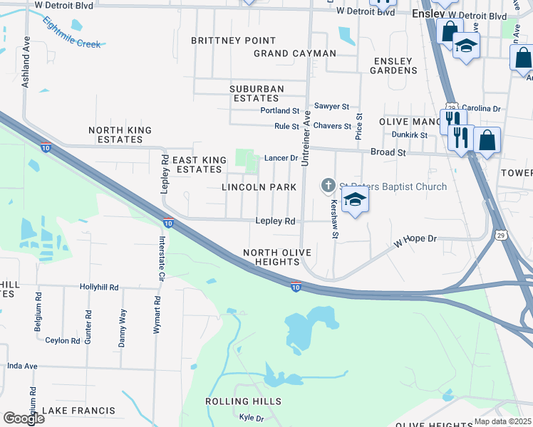 map of restaurants, bars, coffee shops, grocery stores, and more near 7720 Amberidge Road in Pensacola