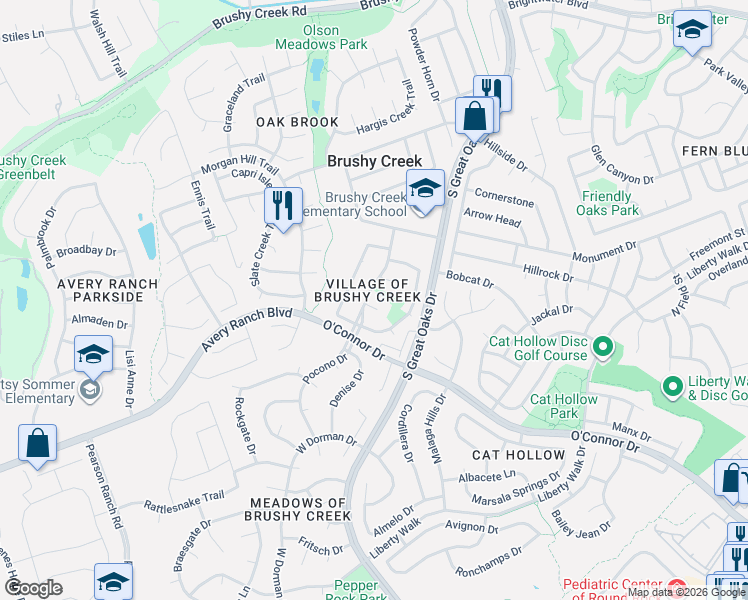 map of restaurants, bars, coffee shops, grocery stores, and more near 16803 Pocono Drive in Austin