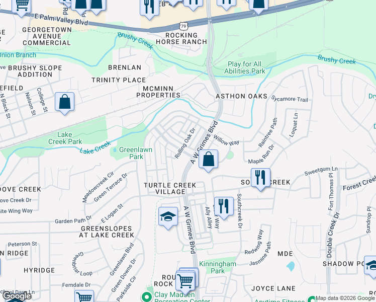 map of restaurants, bars, coffee shops, grocery stores, and more near 1704 Willow Vista in Round Rock
