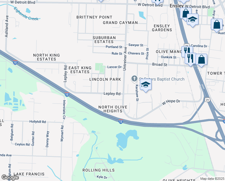 map of restaurants, bars, coffee shops, grocery stores, and more near 7720 Amberidge Road in Pensacola