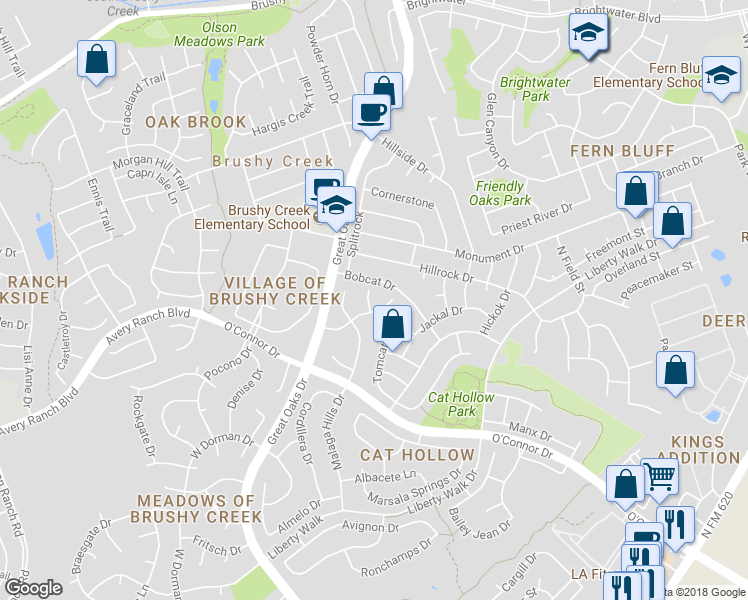 map of restaurants, bars, coffee shops, grocery stores, and more near 16905 Stray Cove in Round Rock