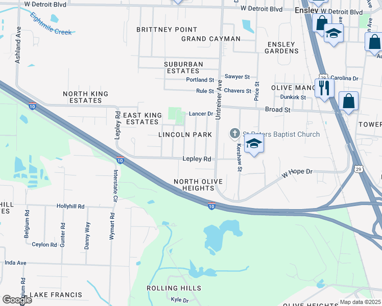 map of restaurants, bars, coffee shops, grocery stores, and more near 7720 Amberidge Road in Pensacola