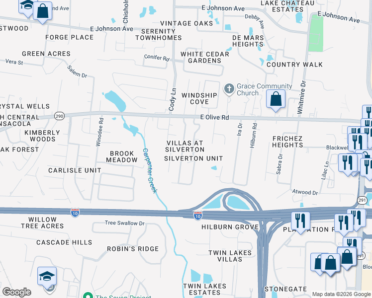 map of restaurants, bars, coffee shops, grocery stores, and more near 7982 Stonebrook Drive in Pensacola