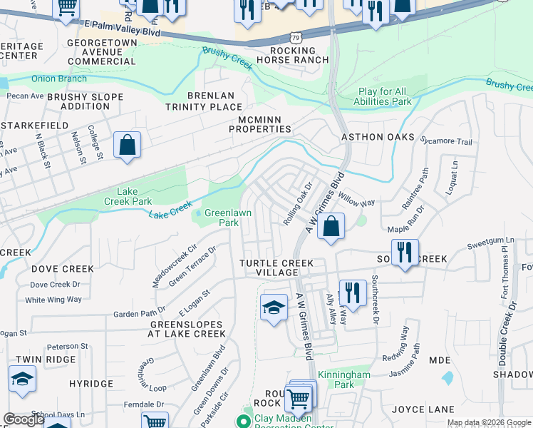 map of restaurants, bars, coffee shops, grocery stores, and more near 932 Heritage Springs Trail in Round Rock