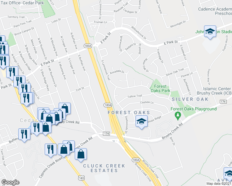 map of restaurants, bars, coffee shops, grocery stores, and more near 803 Darkwoods Court in Cedar Park