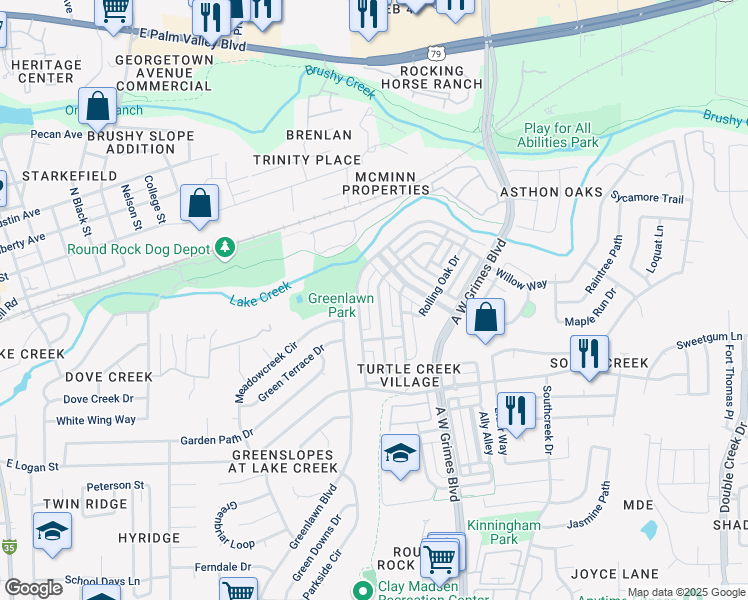 map of restaurants, bars, coffee shops, grocery stores, and more near 736 Gabriel Mills Drive in Round Rock