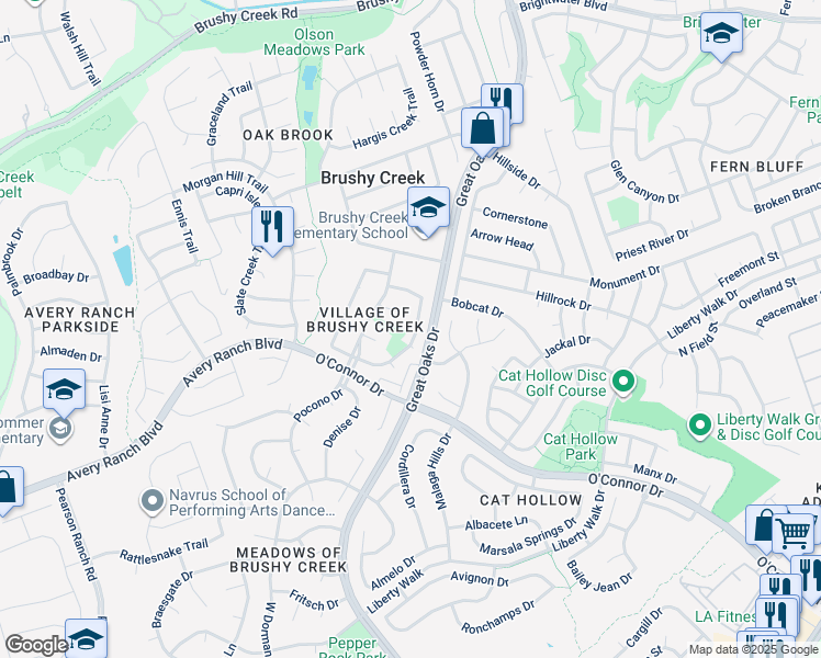 map of restaurants, bars, coffee shops, grocery stores, and more near 16812 Whitebrush Loop in Austin