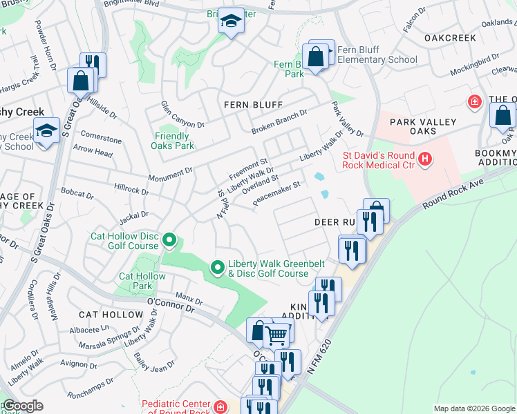 map of restaurants, bars, coffee shops, grocery stores, and more near 3102 Cutaway Cove in Round Rock