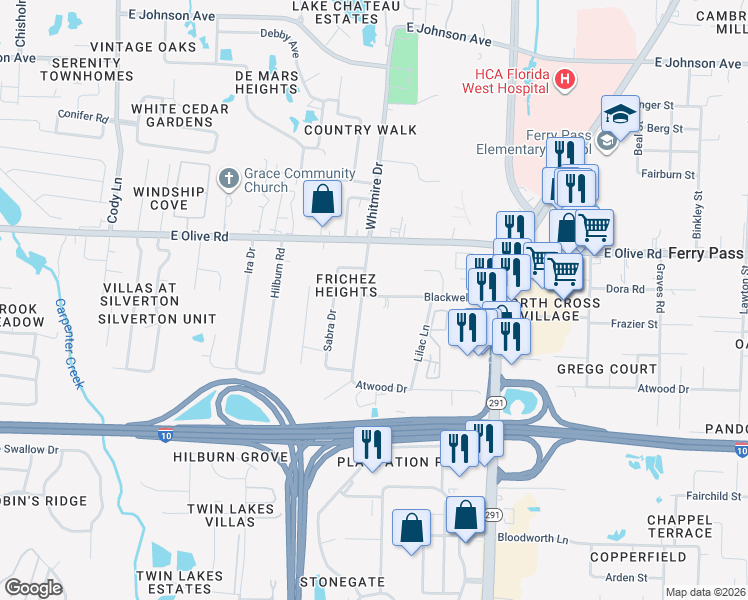 map of restaurants, bars, coffee shops, grocery stores, and more near 1603 Blackwell Lane in Pensacola