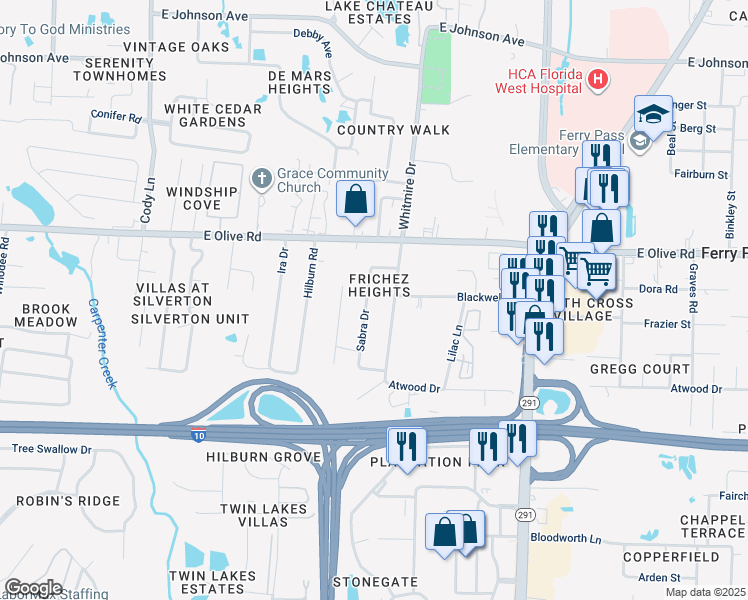 map of restaurants, bars, coffee shops, grocery stores, and more near 7906 Sabra Drive in Pensacola