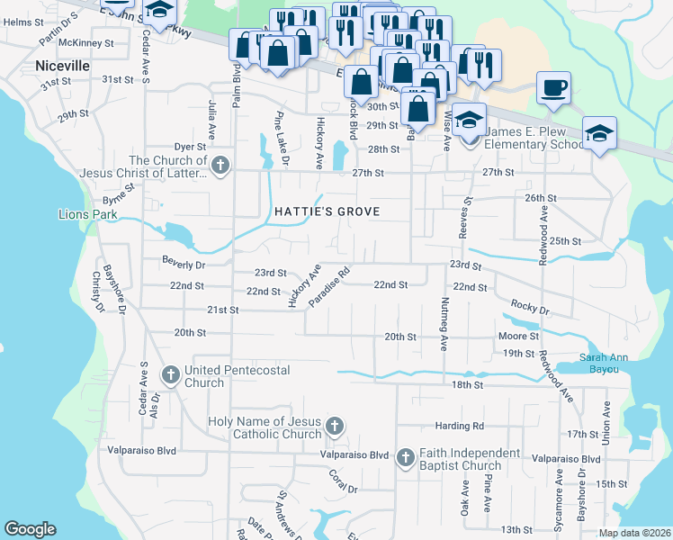 map of restaurants, bars, coffee shops, grocery stores, and more near 419 Paradise Road in Niceville