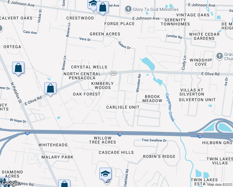 map of restaurants, bars, coffee shops, grocery stores, and more near 7983 Coronet Drive in Pensacola