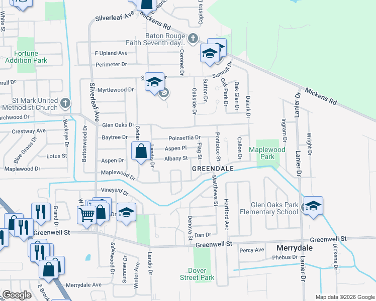 map of restaurants, bars, coffee shops, grocery stores, and more near 7230 Aspen Place in Baton Rouge