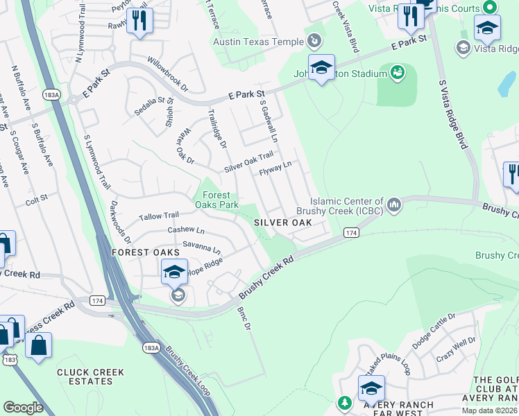 map of restaurants, bars, coffee shops, grocery stores, and more near 506 Mandarin Flyway in Cedar Park