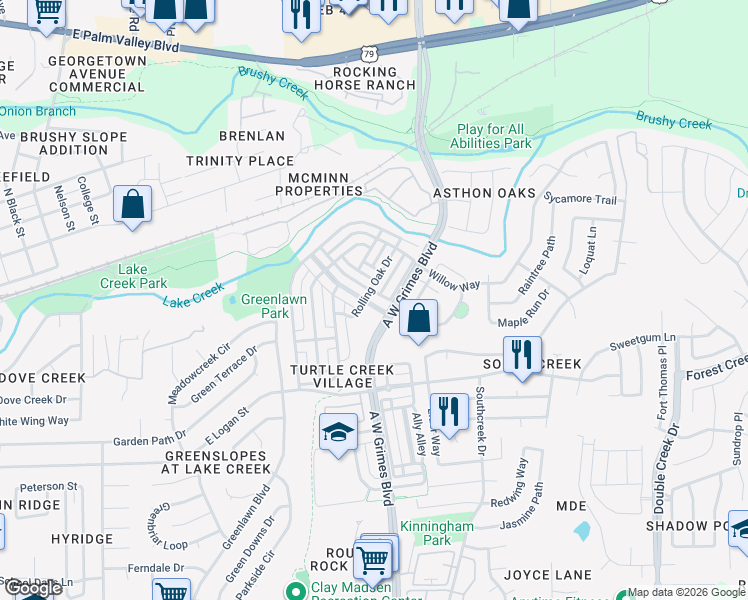 map of restaurants, bars, coffee shops, grocery stores, and more near 1704 Willow Vista in Round Rock