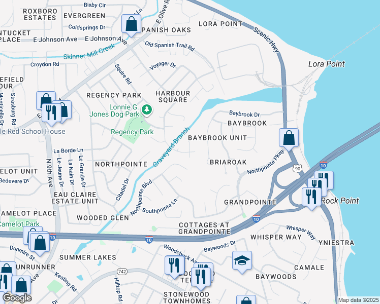 map of restaurants, bars, coffee shops, grocery stores, and more near 4555 Tradewinds Place in Pensacola