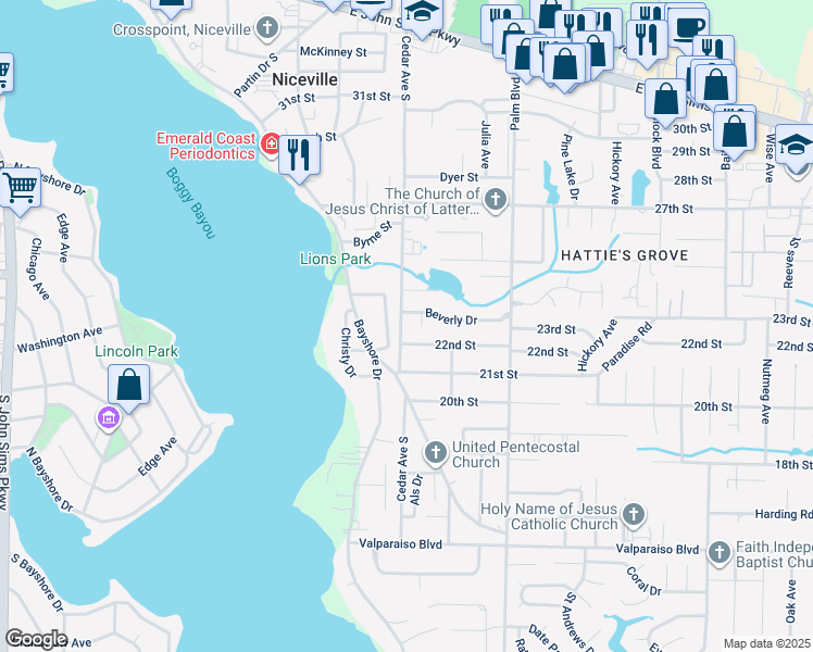 map of restaurants, bars, coffee shops, grocery stores, and more near 1002 Cedar Avenue South in Niceville