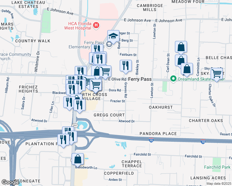 map of restaurants, bars, coffee shops, grocery stores, and more near 2115 Dora Road in Pensacola