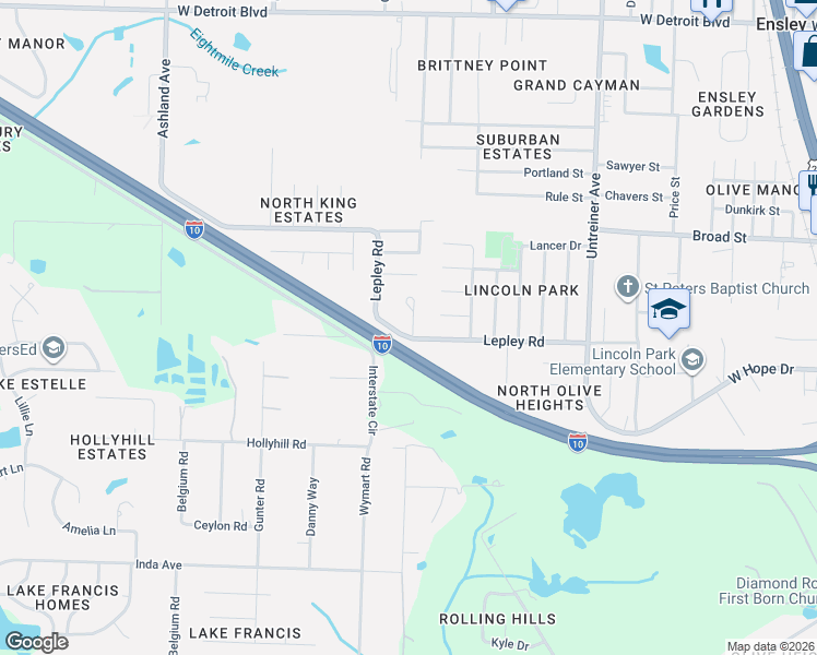 map of restaurants, bars, coffee shops, grocery stores, and more near 1604 Lepley Road in Pensacola