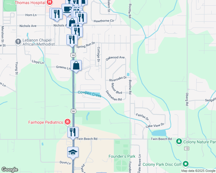 map of restaurants, bars, coffee shops, grocery stores, and more near 217 Manor Blvd in Fairhope