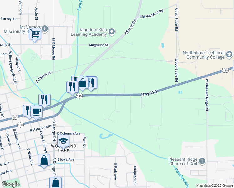 map of restaurants, bars, coffee shops, grocery stores, and more near 1463 U.S. Highway 190 in Hammond