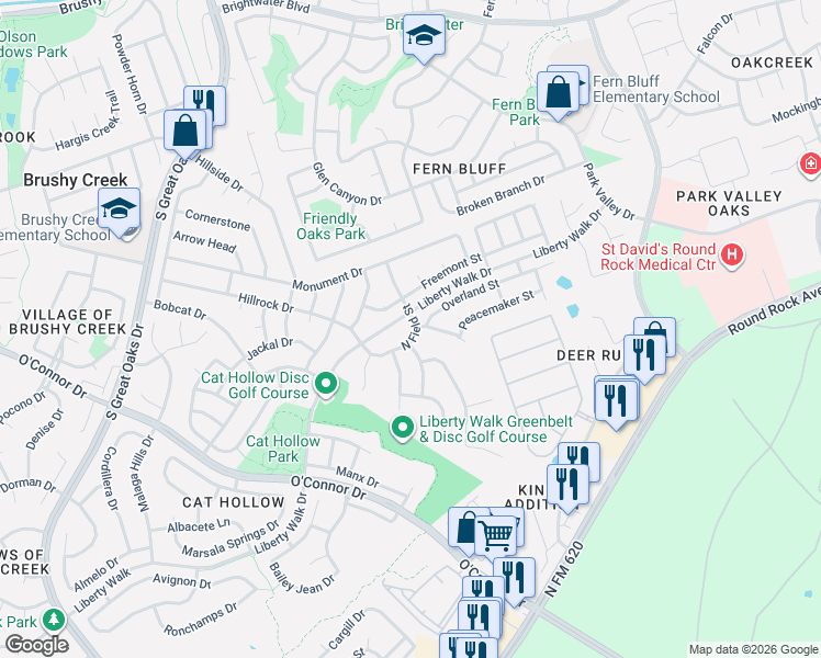 map of restaurants, bars, coffee shops, grocery stores, and more near 126 North Field Street in Round Rock