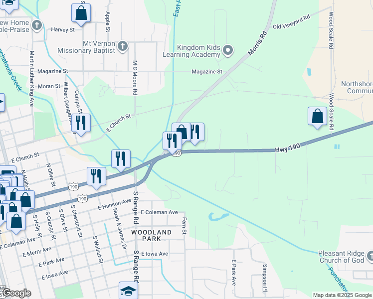 map of restaurants, bars, coffee shops, grocery stores, and more near 1379 U.S. 190 in Hammond