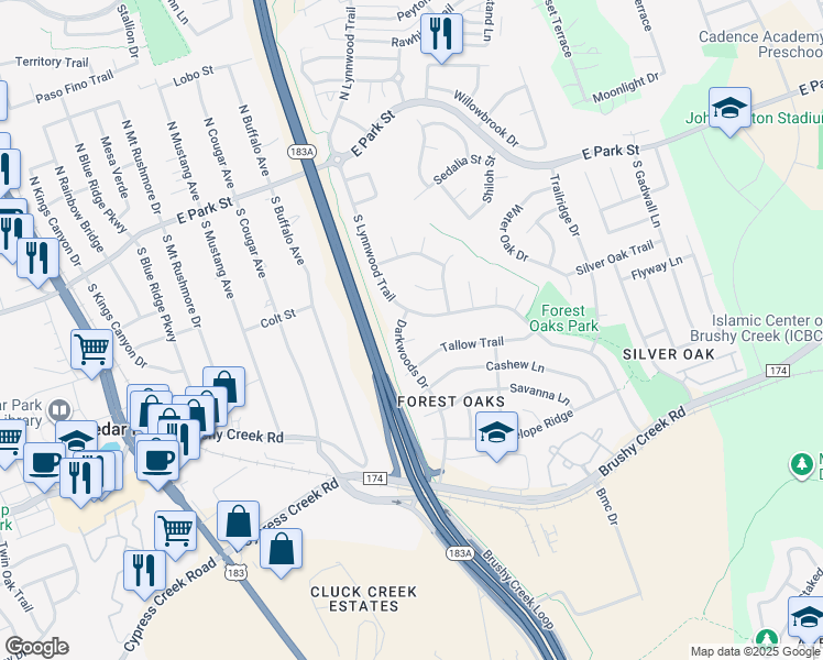 map of restaurants, bars, coffee shops, grocery stores, and more near 803 Darkwoods Court in Cedar Park