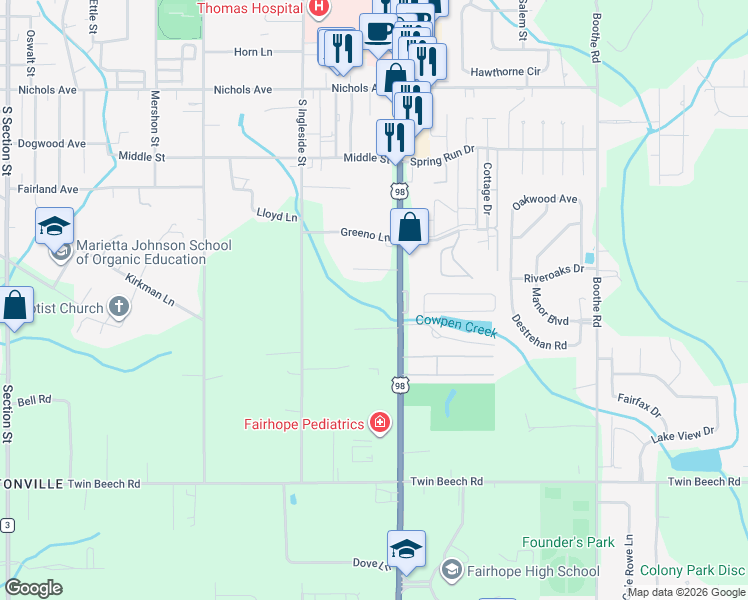 map of restaurants, bars, coffee shops, grocery stores, and more near 7901 Daughtry Lane in Fairhope