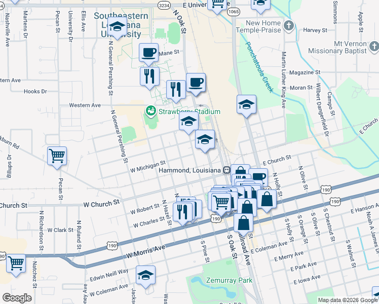 map of restaurants, bars, coffee shops, grocery stores, and more near 601 North Magnolia Street in Hammond