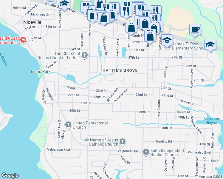 map of restaurants, bars, coffee shops, grocery stores, and more near 1423 Hickory Avenue in Niceville