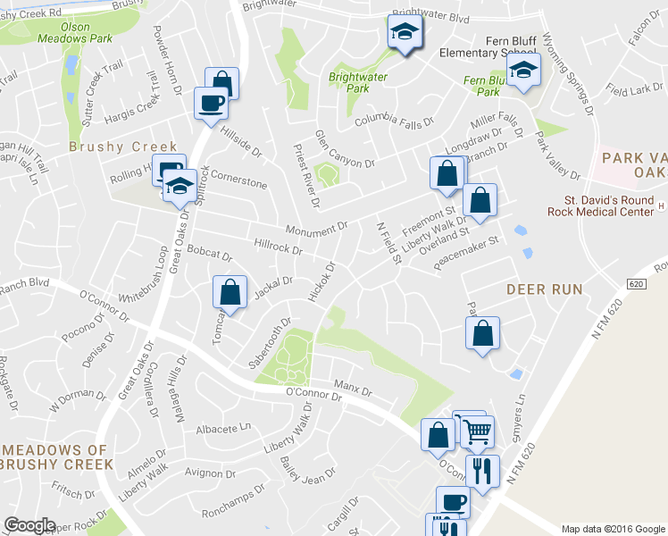 map of restaurants, bars, coffee shops, grocery stores, and more near 8309 Hillrock Drive in Round Rock