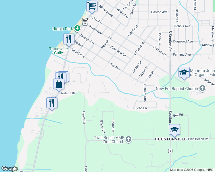 map of restaurants, bars, coffee shops, grocery stores, and more near 19470 Liberty Road in Fairhope