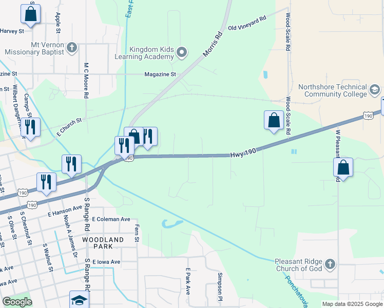 map of restaurants, bars, coffee shops, grocery stores, and more near 1463 U.S. Highway 190 in Hammond