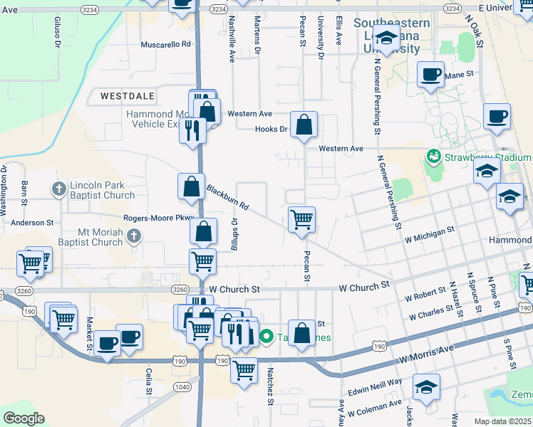 map of restaurants, bars, coffee shops, grocery stores, and more near 103 Alexander Road in Hammond