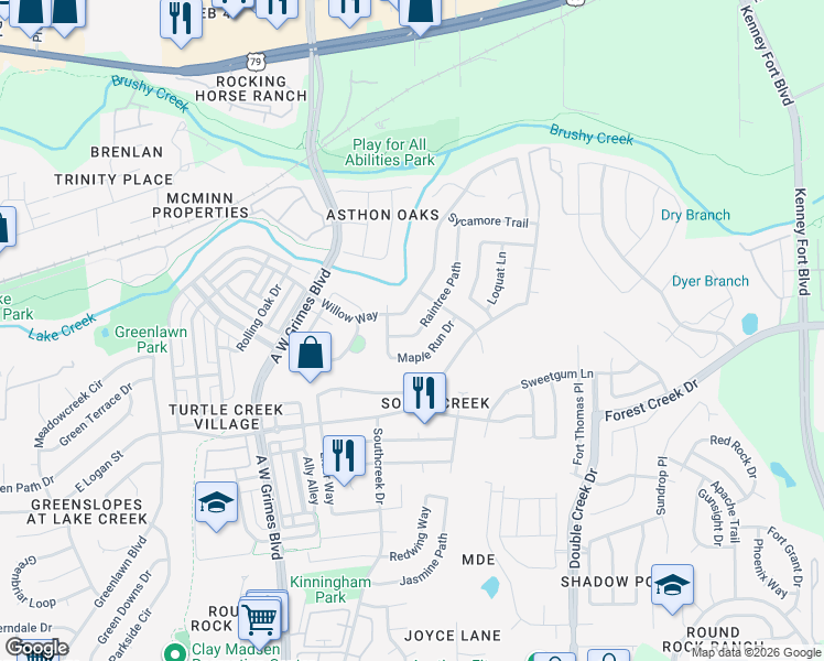 map of restaurants, bars, coffee shops, grocery stores, and more near 2200 Raintree Path in Round Rock