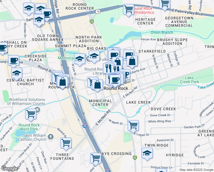 map of restaurants, bars, coffee shops, grocery stores, and more near 108 South Blair Street in Round Rock