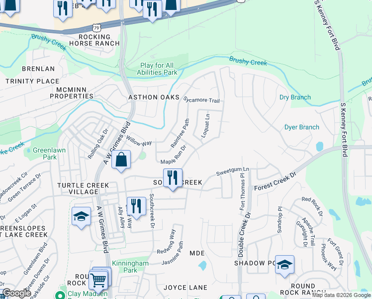map of restaurants, bars, coffee shops, grocery stores, and more near 523 Maple Run Drive in Round Rock
